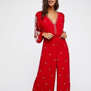 Free People Red Embroidered Jumpsuit Boho V Neck